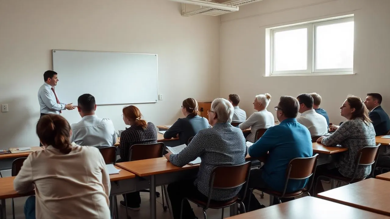 Kurs gjuhe për të rritur në një klasë të thjeshtë, me mësues para tabelës dhe kursantë duke ndjekur mësimin