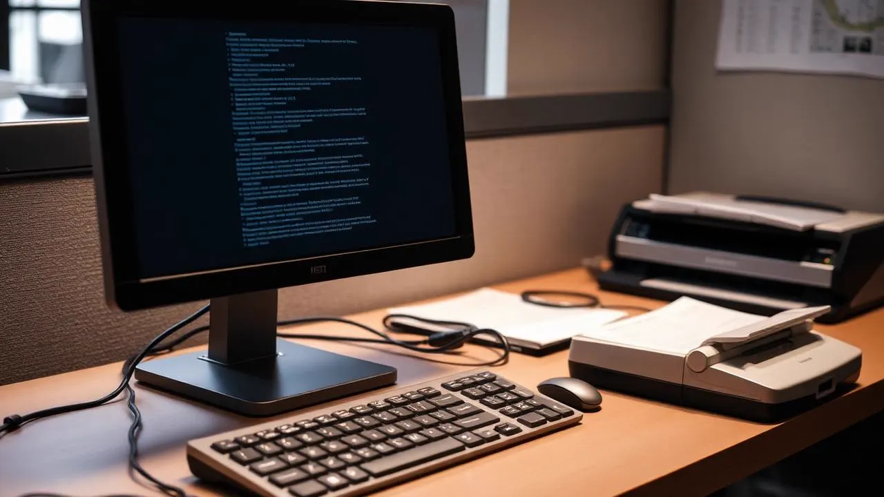 Monitor kompjuteri në një zyrë rekrutimi ku përpunohen aplikime dhe CV të printuara pranë skanerit