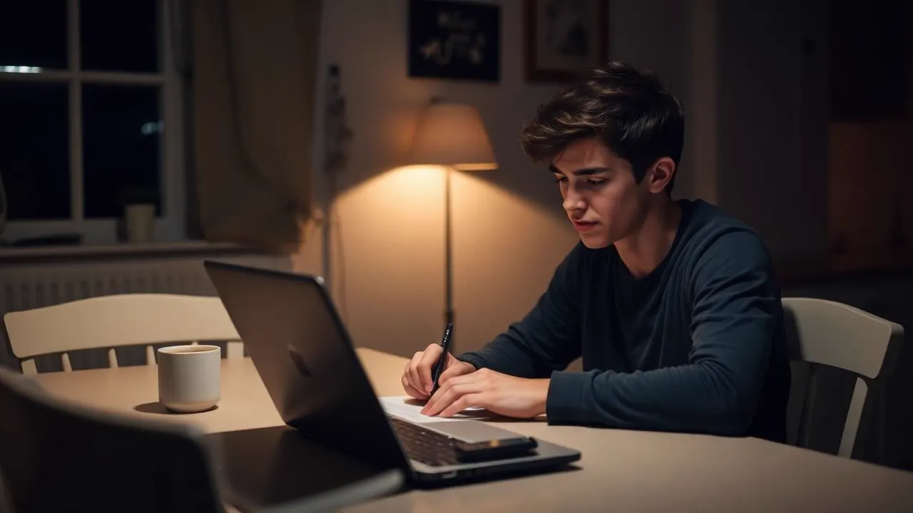 Kandidat i ri duke shkruar një letër motivimi në laptop natën, në tavolinën e kuzhinës, me ndriçim të ngrohtë