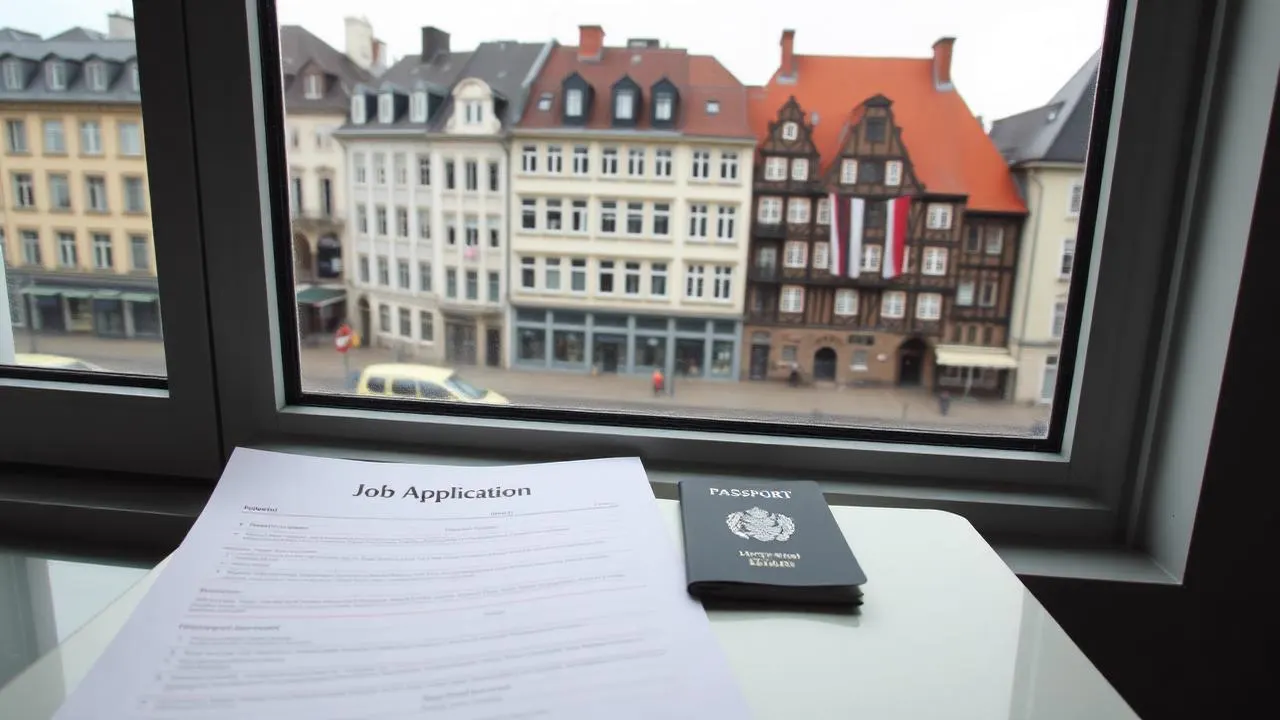 Bewerbungsunterlagen mit Lebenslauf und Reisepass auf einer Fensterbank vor einer deutschen Altstadtstraße