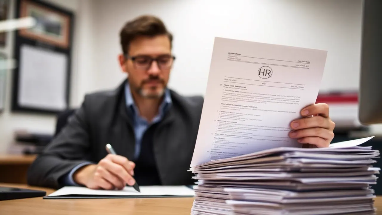 Specialist i burimeve njerëzore duke shqyrtuar një grumbull CV-sh të printuara në zyrë dhe duke mbajtur një faqe në dorë