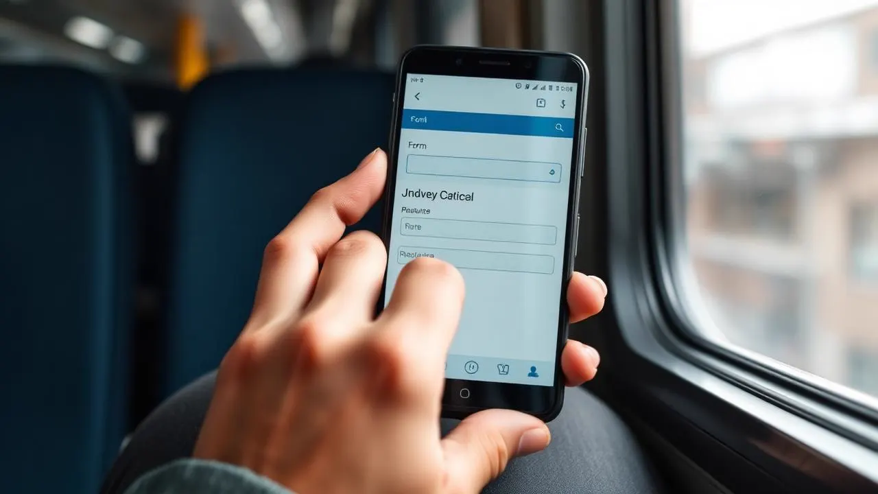 Duar duke plotësuar formularin e një CV-je nga telefoni Android në autobus, me ekran vertikal dhe dritë dite